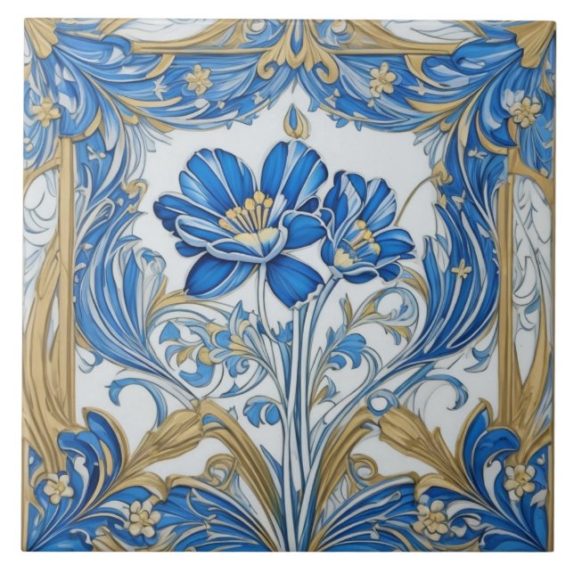 Art Deco Flowers Art Nouveau Floral Dourado e Azul (Frente)