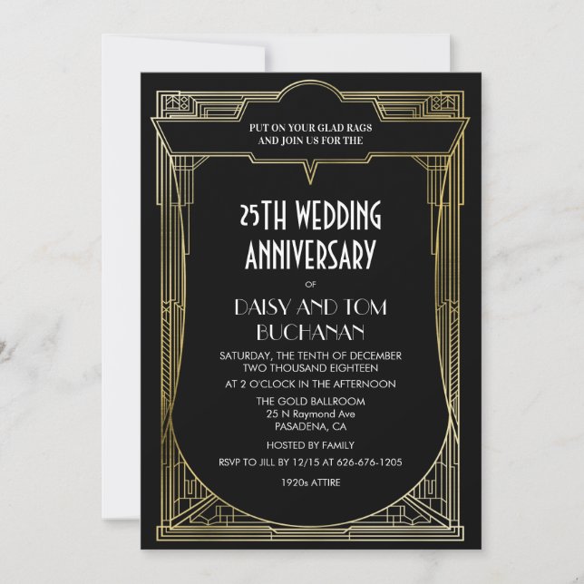 Art Deco Gatsby Convite de Aniversário de Casament (Frente)