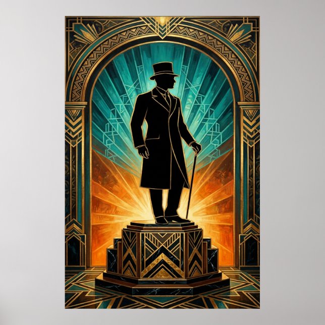 Art Deco Gentleman Silhouette Top Hat Cane Poster (Frente)
