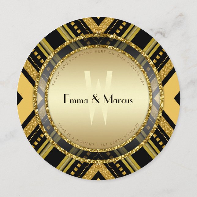 Art Deco Gold Black Round Wedding  Menu Card (Verso)