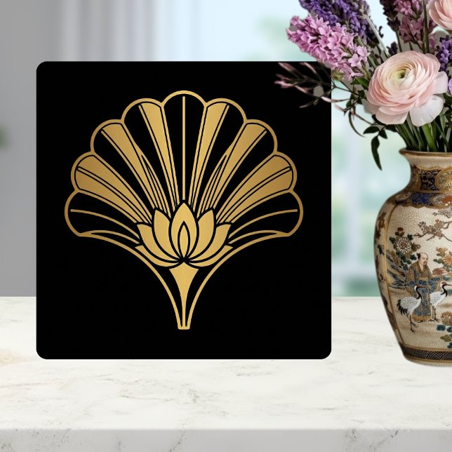 Art Deco Gold Lotus Fan Black Ceramic Tile (Criador carregado)