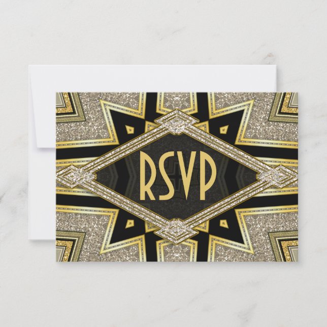 Art Deco Goldy Diamantes de Casamento Cartões RSVP (Frente)