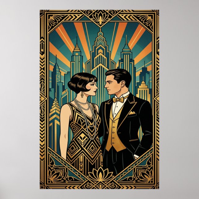 Art Deco Great Gatsby Couple City Skyline Poster (Frente)