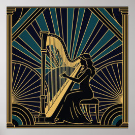 Art Deco Harpist Silhouette Poster Gold and Black 