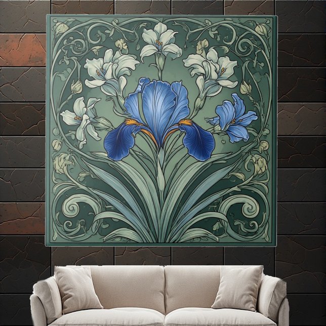 Art Deco Íris Azul Floral Motivos Botânico (Art Deco Blue Iris Bloom Floral Motifs Botanical Ceramic Tile)