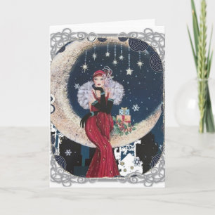 Art Deco Lady Sobre O Cartão De Natal Da Lua