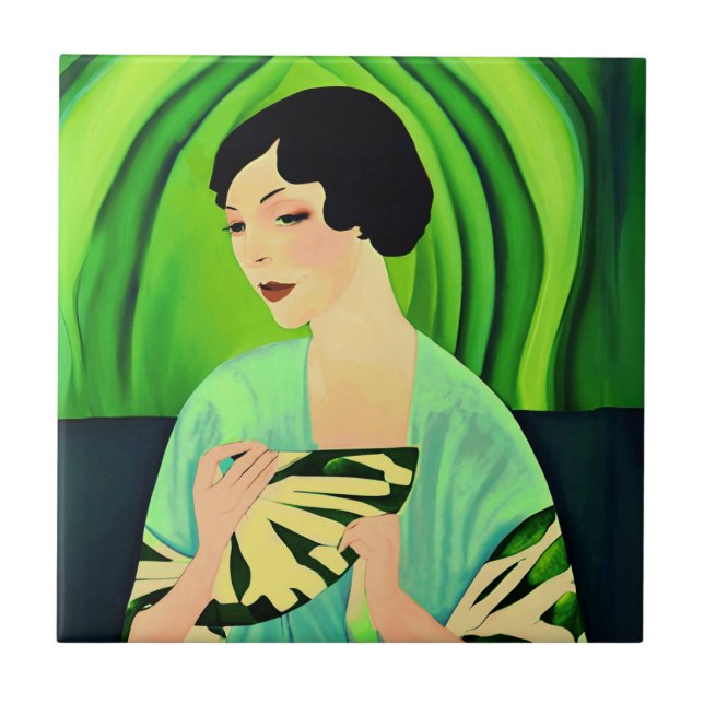 Art Deco Lady with a Fan Green (Frente)