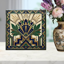 Art Deco Lotus Floral Navy Blue Gold Green Pattern