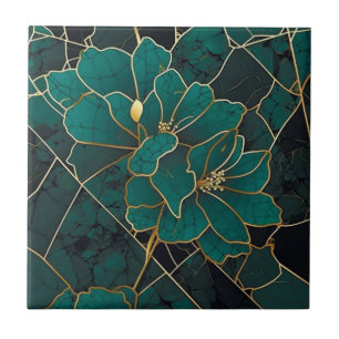 Art Deco Marble Mosaic Floral Emerald Green & Dour