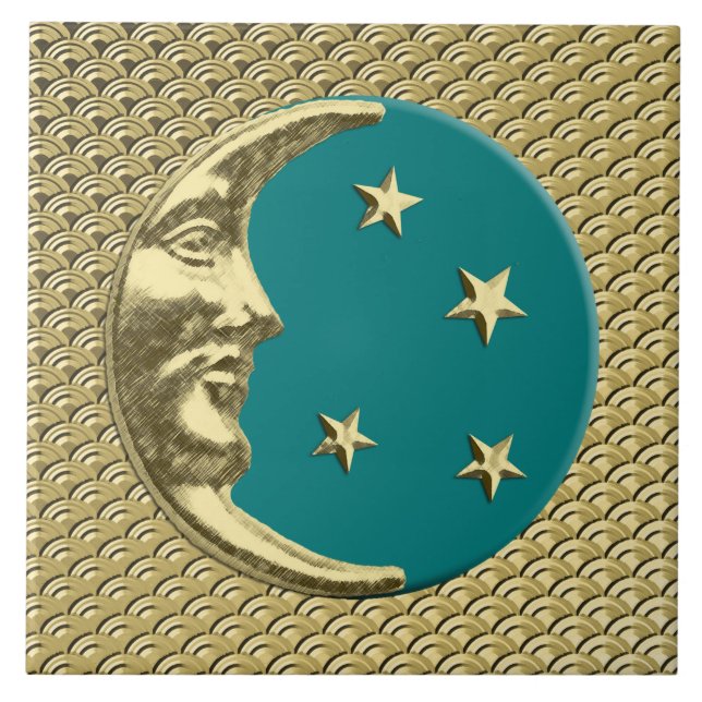 Art Deco Moon e estrelas - Teal e Dourado (Frente)