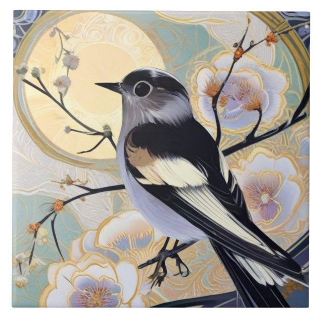 Art Deco Nouveau Bird em Branch Mutuamente Floral (Frente)