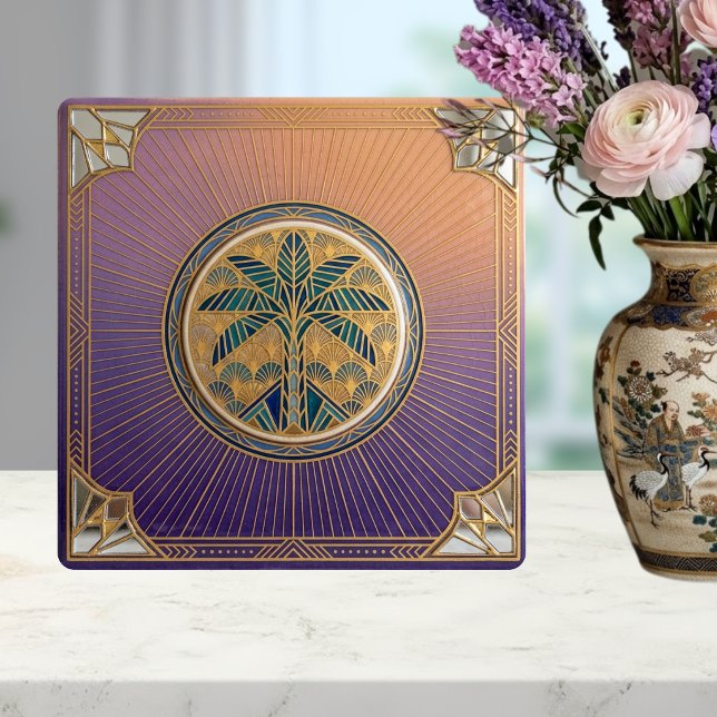 Art Deco Palm Tree Sunrise Gradient Ceramic Tile (Criador carregado)