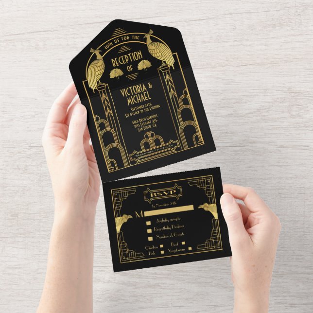 Art Deco Peacock Dourado e Recepção de casamento P (Aba destacável)