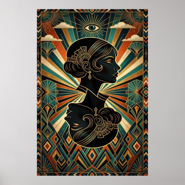Art Deco Peacock Feather Dancer Gold Teal Poster (Frente)
