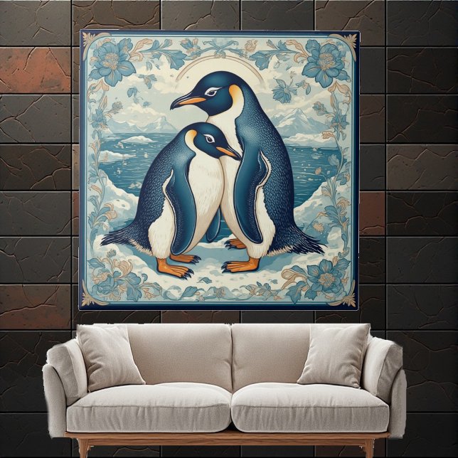 Art Deco Penguin Ice Bird Couple Snow Ocean Floral (Art Deco Penguin Ice Bird Couple Snow Ocean Floral Ceramic Tile)