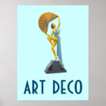 Art Deco Poster 11<br><div class="desc">Um clássico poster de arte da era do estilo e do design. A poster apresenta uma figura de estátua de metal feminina montada em uma base de pedra. A figura tem uma grande ventoinha de ouro sobre a cabeça</div>