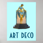 Art Deco Poster 17<br><div class="desc">Um clássico poster de arte da era do estilo e do design. A poster apresenta uma figura de estátua de metal feminina montada em uma base de pedra. A figura está em frente a uma caixa retangular de luz. Ela tem material tirado dos braços que enquadra a caixa.</div>