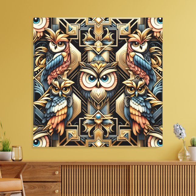 Art Deco Rainbow Owls Canvas Print (Insitu(Sala de estar))