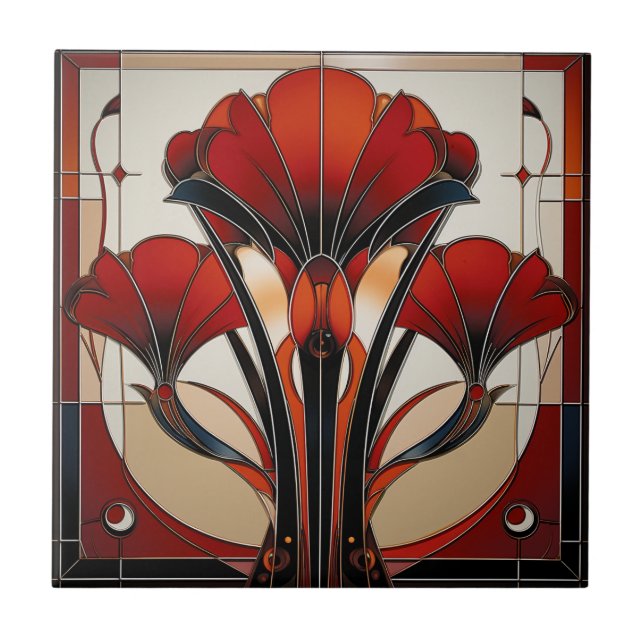 Art Deco Red Black White Abstract  Floral   (Frente)