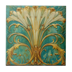 Art Deco Retro Dourado Turquesa Flor de Trombeta