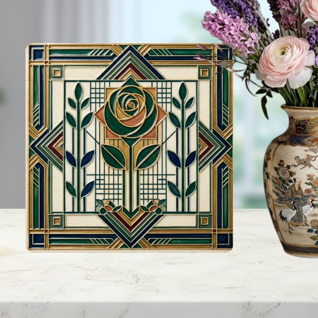 Art Deco Rose Geometric Emerald Green Tile (Criador carregado)
