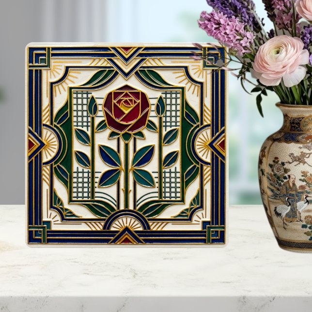 Art Deco Rose Red Blue Green Gold Floral Art Tile (Criador carregado)