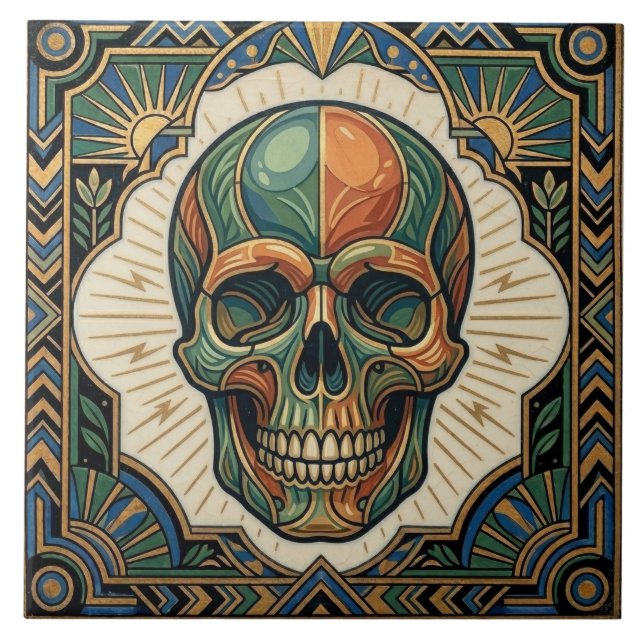 Art Deco Skull Emerald Green Orange Gold Ceramic T (Frente)