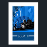Art Deco Style Buggatti Carro Poster<br><div class="desc">(Sim, eu sei que escrevo Buggatti errado!) Estilo Art Deco Tipo 51, poster de carro, usando o blues tradicional associado a esta marca de carro de luxo. Projetado e ilustrado por mim mesmo. item de excelente para quaisquer proprietários ou ventiladores desta única marca de carros francesa.</div>