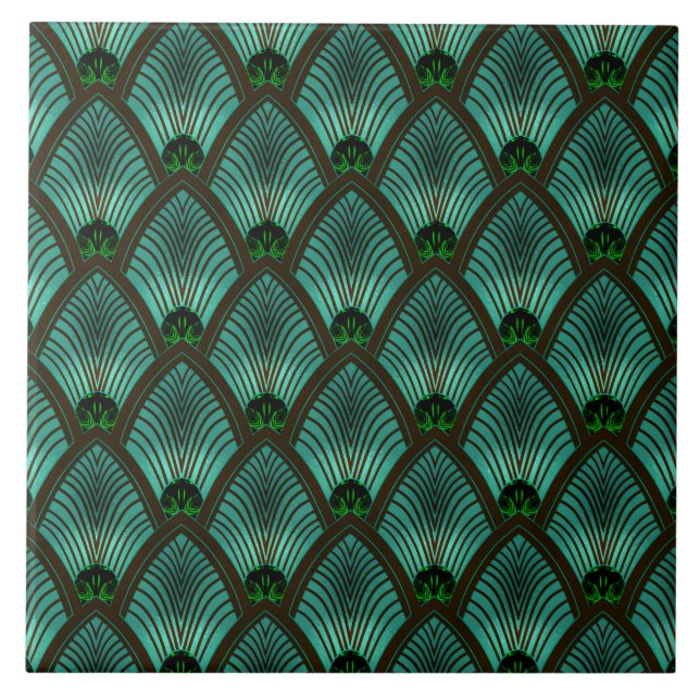 Art Deco Sunburst Fan em Verde Metálico (Frente)