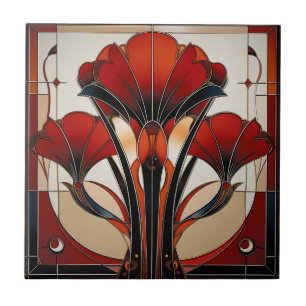 Art Deco Vermelho Preto Branco Floral Abstrato