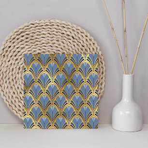Art Deco Vintage Floral Fan Padrão Azul Dourado