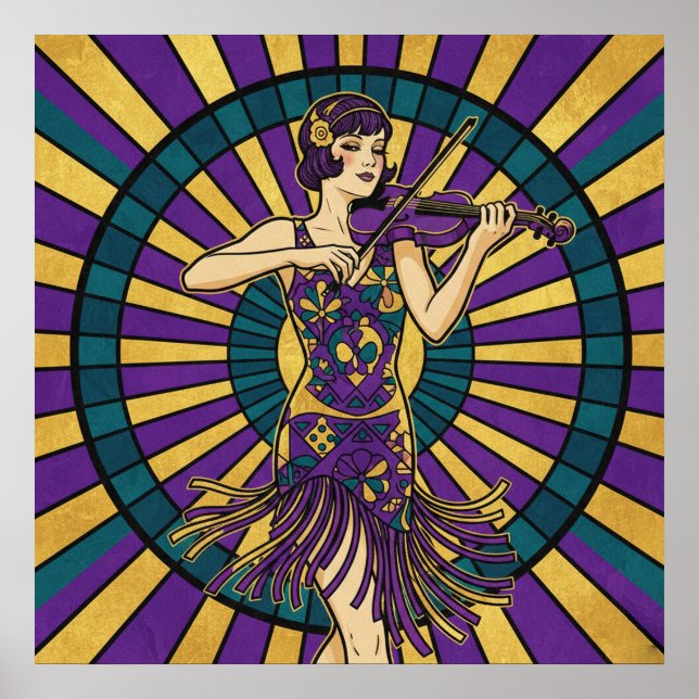Art Deco Violinist Poster Purple and Gold Flapper  (Frente)