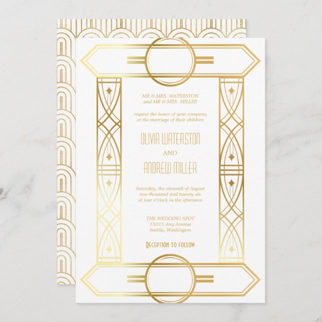 Art Deco Wedding | Convites Dourados e Brancos (Frente/Verso)