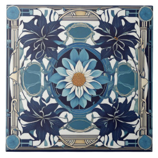 Art Deco White Daisy Flower Art Nouveau Blue
