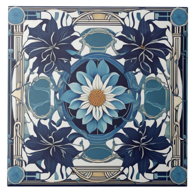 Art Deco White Daisy Flower Art Nouveau Blue (Frente)