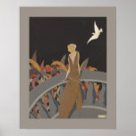 Art Deco Woman Poster<br><div class="desc">Uma bela ilustração de Art Deco de uma mulher parada numa varanda a ver uma pomba branca. Coloridos em tons de outono - um poster adorável.</div>