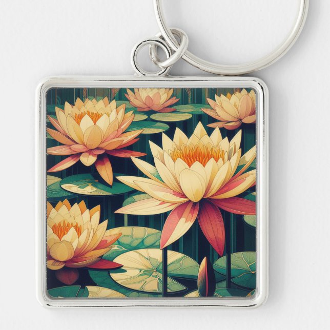 Art Deco Yellow Lotus Chaveiro (Frente)