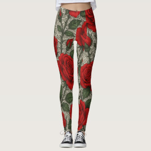 ART Legging Rosas Vermelhas sobre Renda Branca