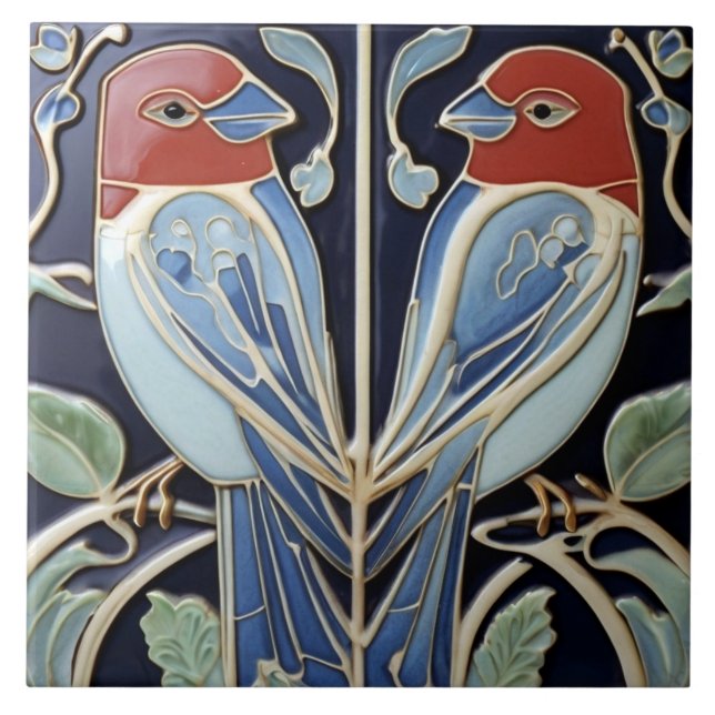 Art Nouveau Art Deco Birds - Azul Vermelho (Frente)