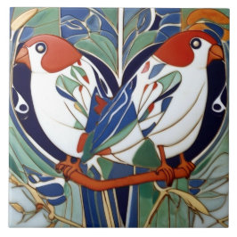 Art Nouveau Art Deco Birds em Vermelho Branco Azul