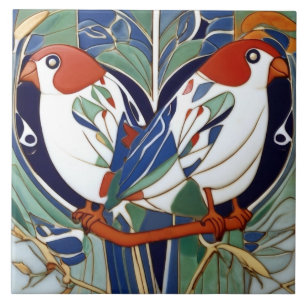 Art Nouveau Art Deco Birds em Vermelho Branco Azul