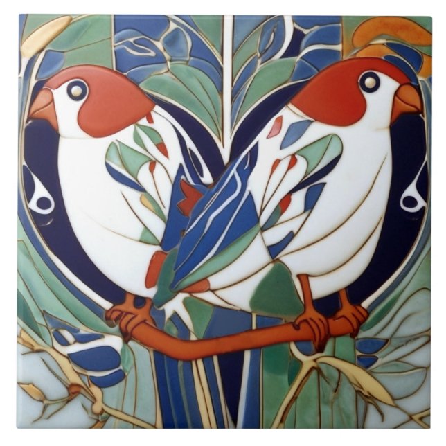 Art Nouveau Art Deco Birds em Vermelho Branco Azul (Frente)
