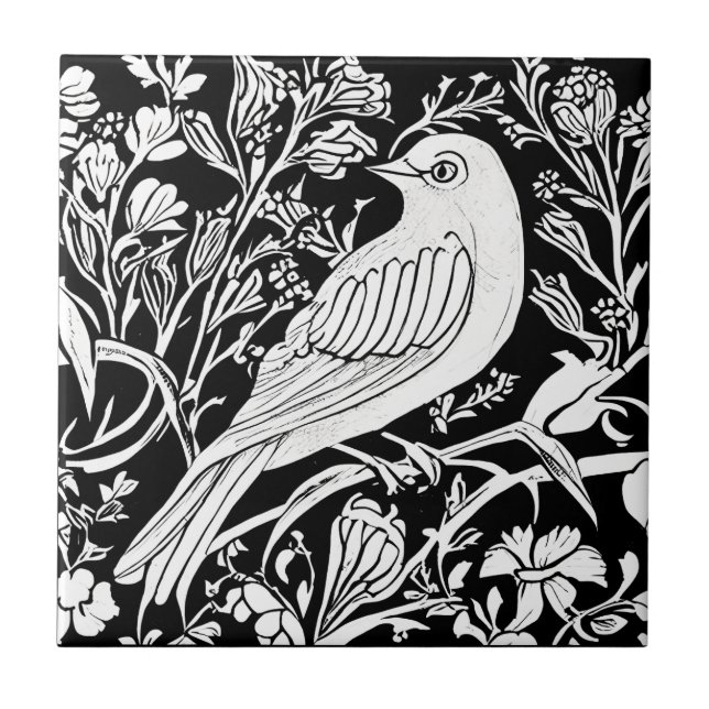Art Nouveau Bird em uma ramificação com flores em  (Frente)