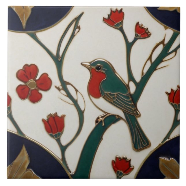 Art Nouveau Bluebird Red & Blue Bird Art Deco (Frente)