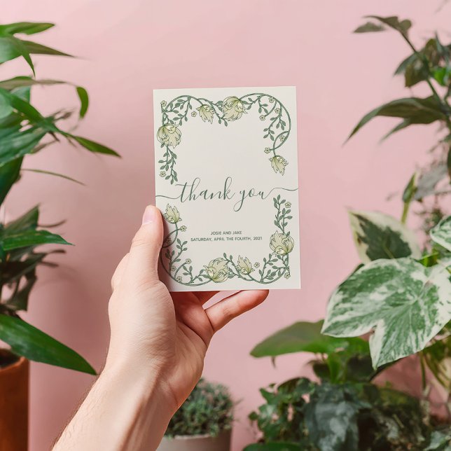 Art Nouveau bonito quadro cartões de agradecimento (Elegant Art Nouveau botanical frame wedding thank you card features thank you script and photo.)