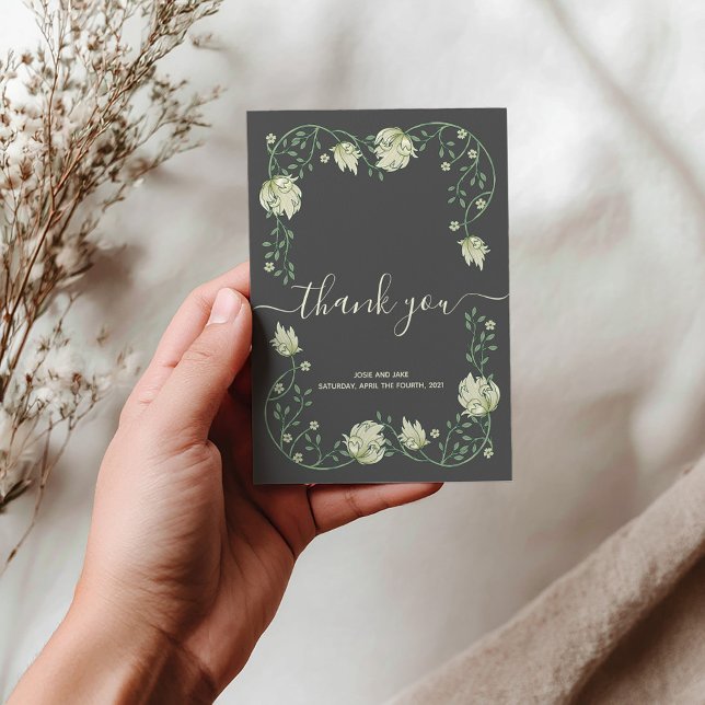 Art Nouveau bonito quadro cartões de agradecimento (Elegant Art Nouveau botanical frame wedding thank you card features thank you script and photo.)