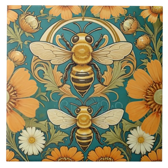 Art Nouveau Bumble Bee Azulejo Cerâmico Decorativo (Frente)