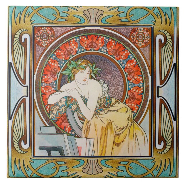 Art Nouveau Ceramic Tile Alphose mucha Design 15 (Frente)