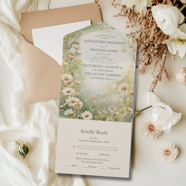 Art Nouveau Daisies Ivory Green Wedding (Criador carregado)