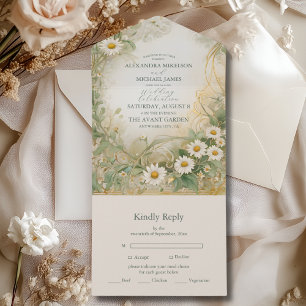 Art Nouveau Daisies Ivory Green Wedding